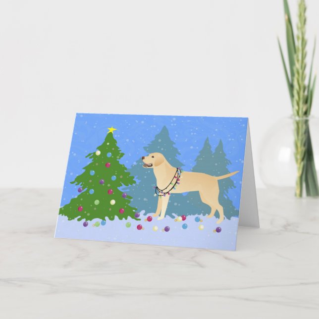 White Lab in the Forest Decorating Christmas Tree Holiday Card (Front)
