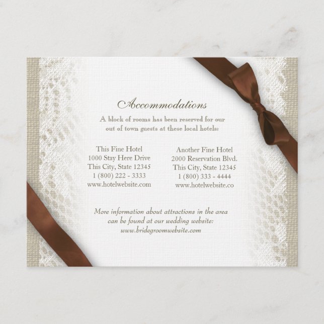 White Lace and Brown Ribbon Directions Enclosure Card (Front)