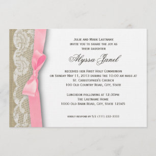 White Lace and Burlap First Communion Invitation
