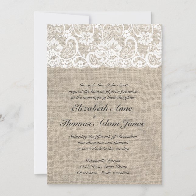 White Lace and Burlap Wedding Invitation (Front)