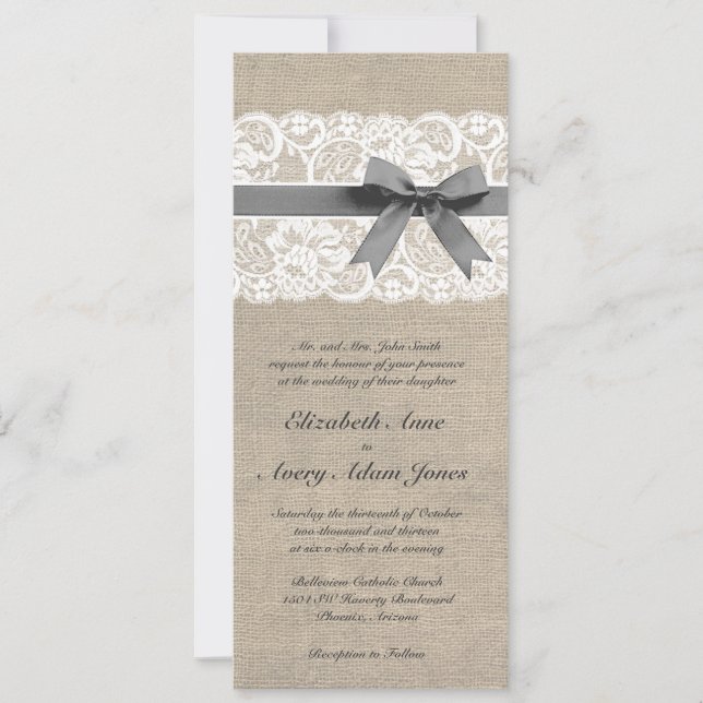 White Lace and Burlap Wedding Invitation Vertical (Front)