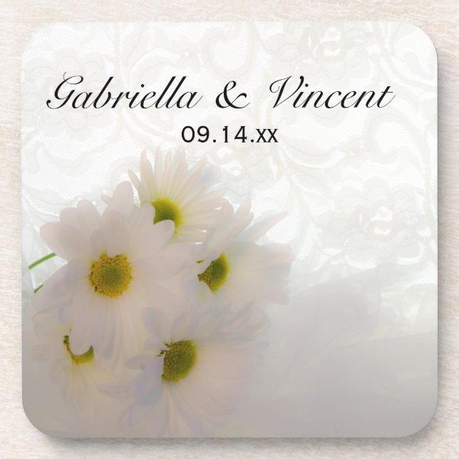 White Lace and Daisies Wedding Coaster (Front)
