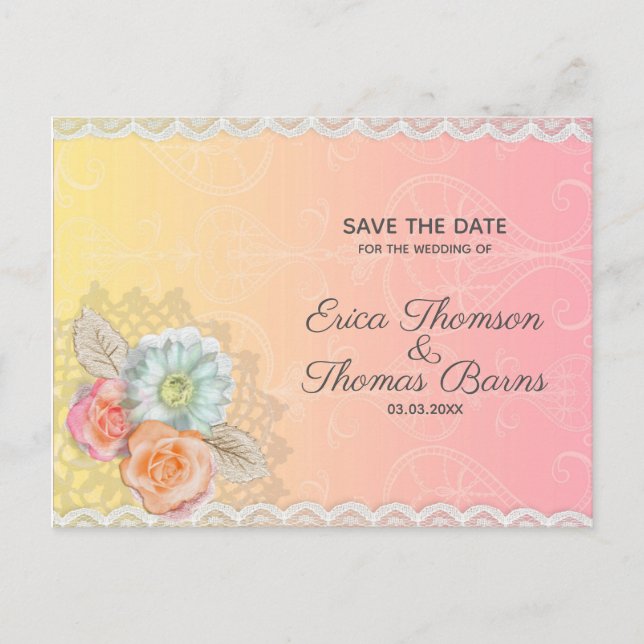 White Lace And Flowers Announcement Postcard (Front)