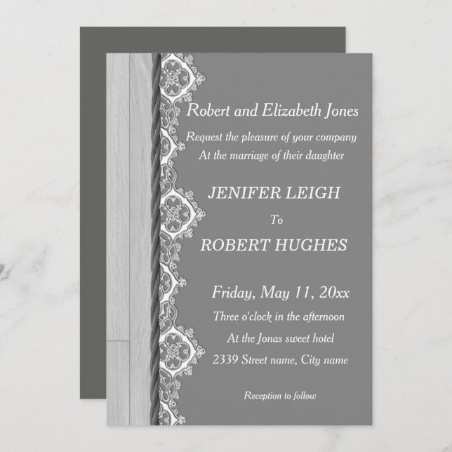 White lace and grey rustic wooden wedding invitation (Front/Back)