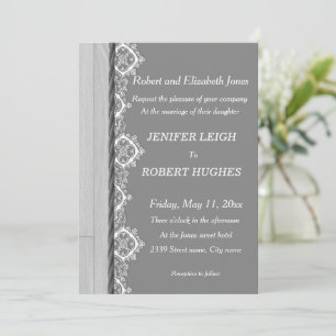 White lace and grey rustic wooden wedding invitation