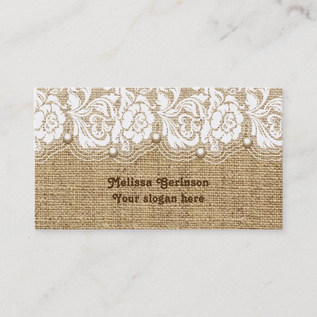 White lace and pearls on linen coloured burlap business card (Front)