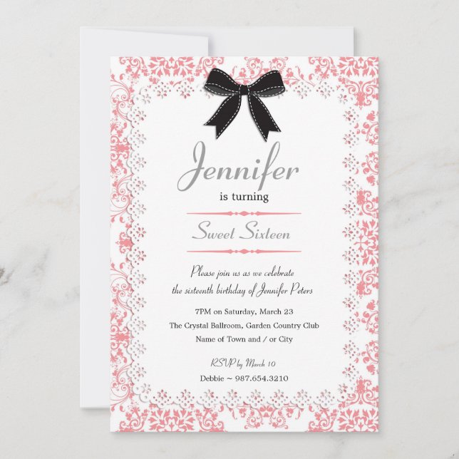 White Lace and Pink Damask Sweet 16 5x7 Invitation (Front)
