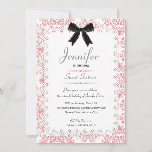 White Lace and Pink Damask Sweet 16 5x7 Invitation