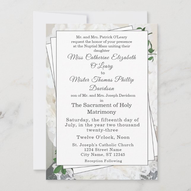 White Lace and Rose Leaves Wedding Invitation (Front)