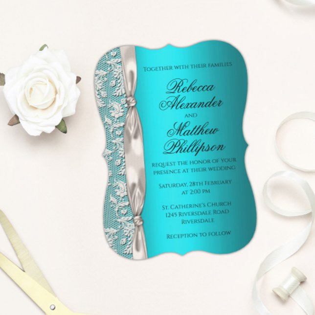 White Lace and Satin Ribbon Aqua Wedding Invitation (Creator Uploaded)