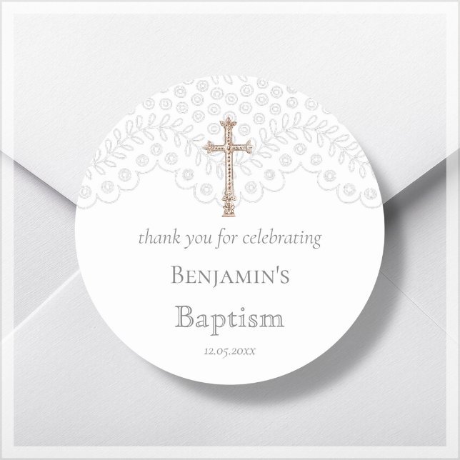 White Lace Baptism Thank You Classic Round Sticker (Creator Uploaded)