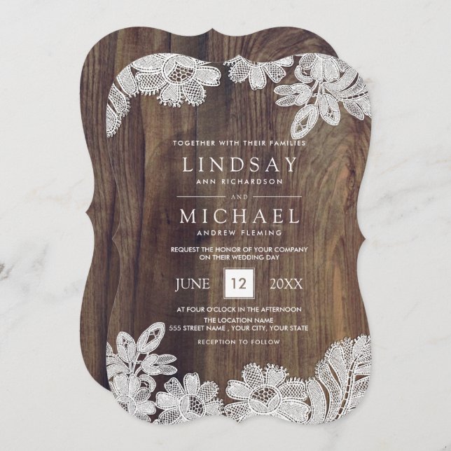 White Lace | Barn Wood Wedding Invitation (Front/Back)