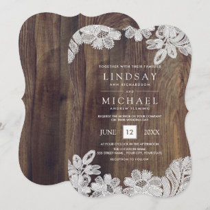 White Lace Barn Wood Wedding Invitation