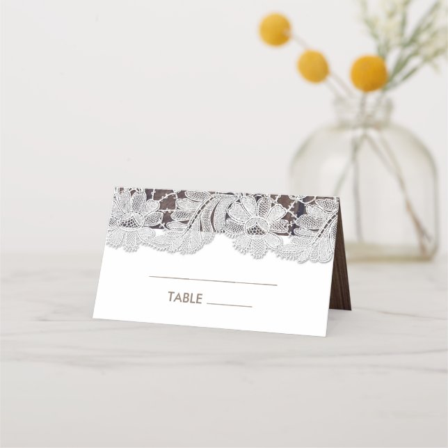 White Lace | Barn Wood Wedding Table Place Card (Front)