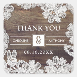 White Lace Barn Wood Wedding Thank You Square Sticker