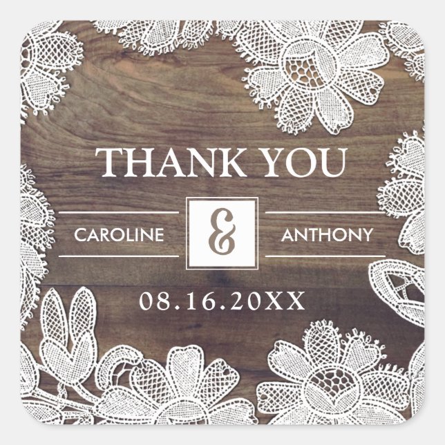 White Lace | Barn Wood Wedding Thank You  Square Sticker (Front)