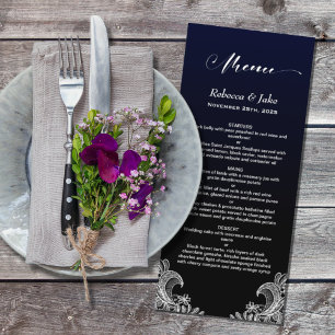 White Lace Black and Blue Wedding Menu