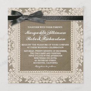 White lace black bow & burlap wedding invitations