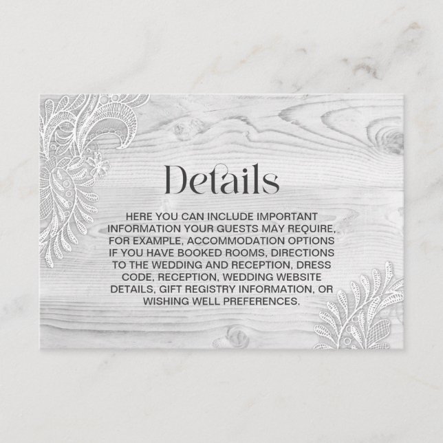 White Lace Bleached Wood Wedding Details Enclosure Card (Front)