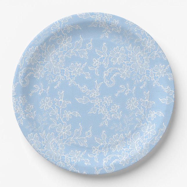 White Lace Blue Baby Boy Shower Party Paper Plates (Front)