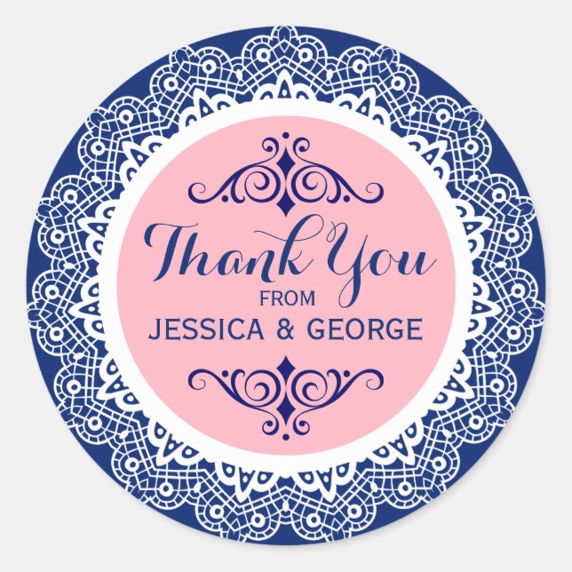White Lace Blue Background Pink Accents Thank You Classic Round Sticker (Front)