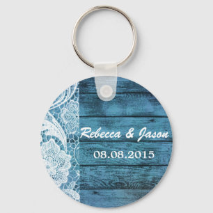 white lace blue barn wood country wedding key ring