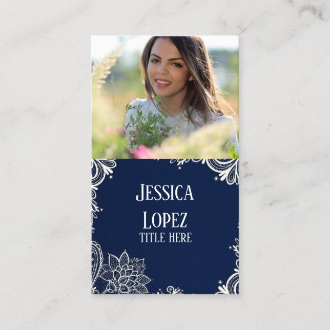 white lace blue graduate networking photo calling card (Front)