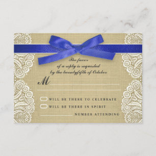 White lace, blue ribbon and burlap wedding RSVP Card