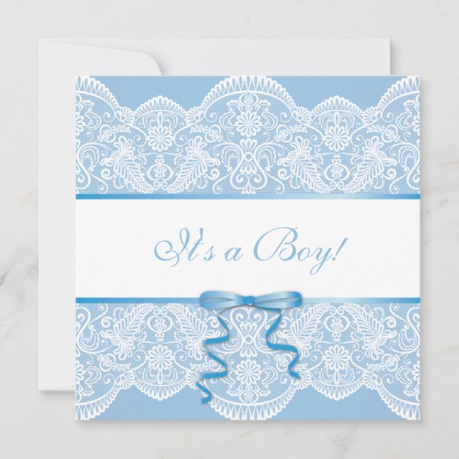 White Lace Blue Satin It's A Boy Baby Shower Invitation (Front)