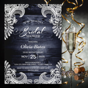 White Lace Blue Wood Bridal Shower Invitation