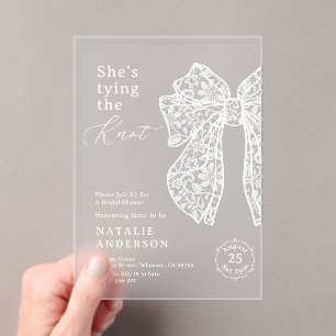 White Lace Bow She's Tying the Knot Bridal Shower Acrylic Invitations