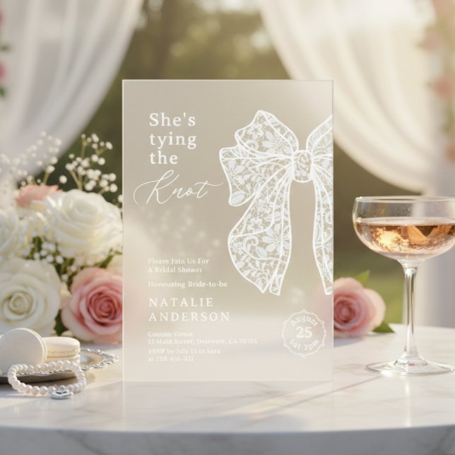 White Lace Bow She's Tying the Knot Bridal Shower Acrylic Invitations (White Lace Bow She's Tying the Knot Bridal Shower Acrylic Invitations)