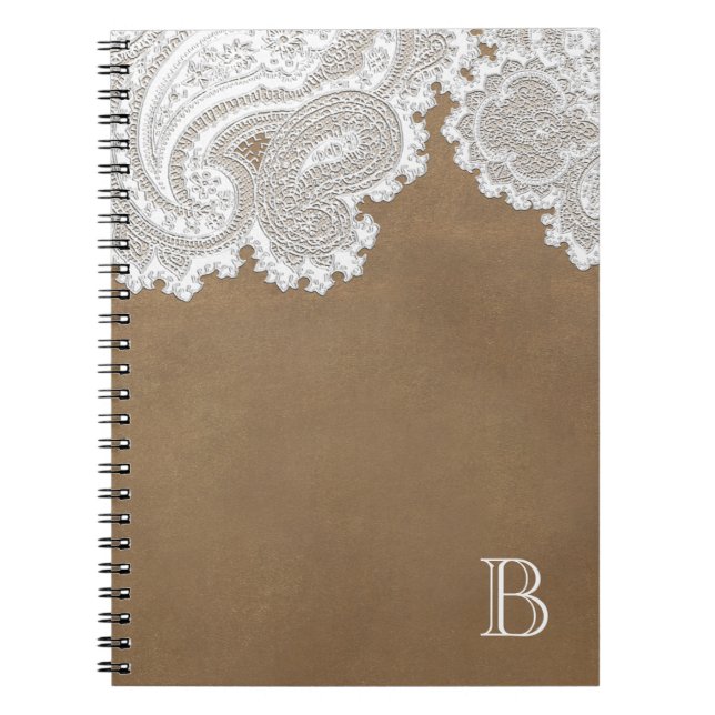 White Lace & Brown Rustic Chic Elegant Spiral Notebook (Front)
