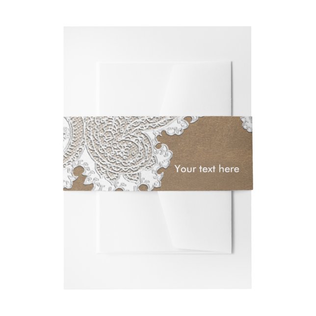White Lace & Brown Rustic Chic Elegant Wedding Invitation Belly Band (Front Example)