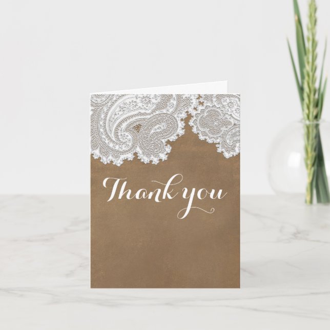 White Lace & Brown Rustic Chic Elegant Wedding Thank You Card (Front)