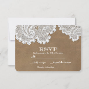 White Lace & Brown Rustic Elegant Wedding RSVP Card