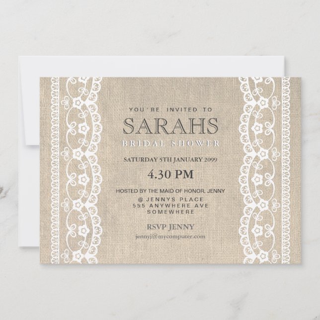 White Lace & Burlap Bridal Shower Party Invite (Front)