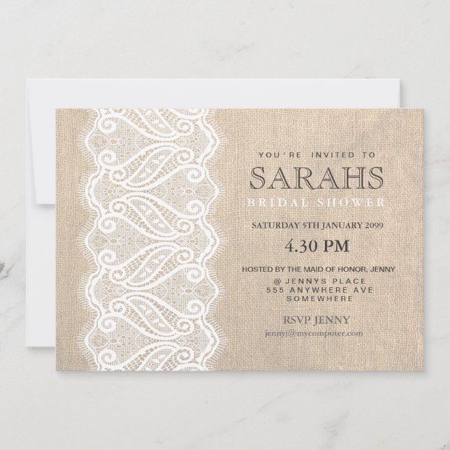 White Lace & Burlap Bridal Shower Party Invite (Front)