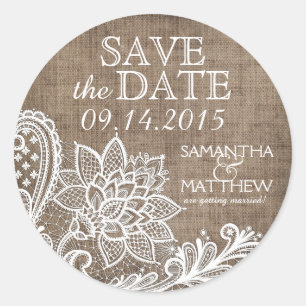 White Lace Burlap Modern Goth Save the Date Label