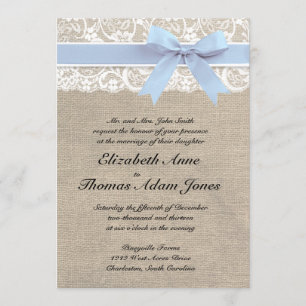 White Lace Burlap Wedding Invitation- Baby Blue Invitation