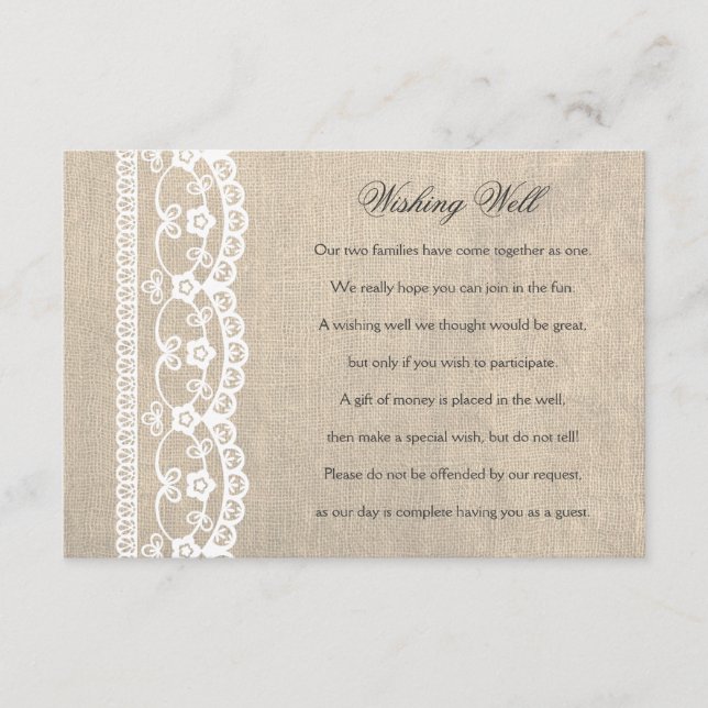 White Lace & Burlap Wishing Well Wedding Card (Front)