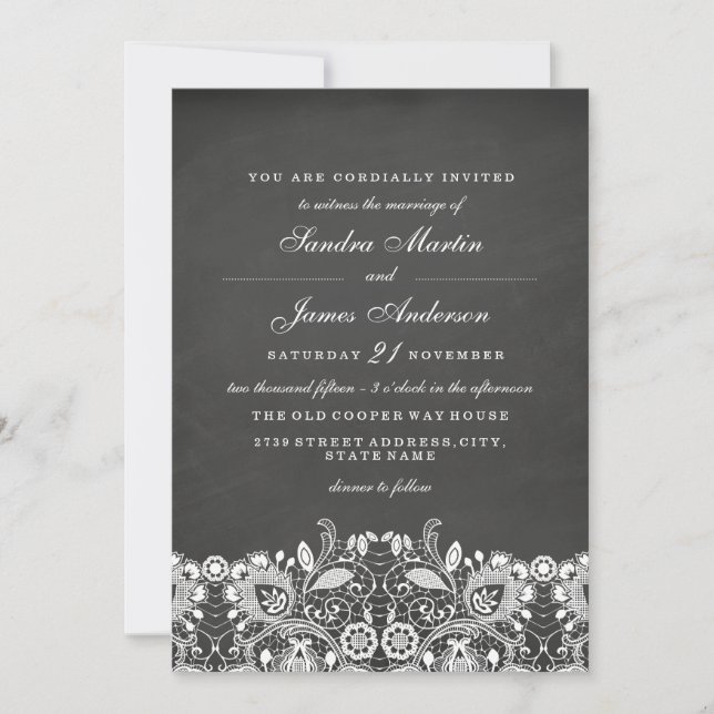 White Lace Chalkboard Wedding Invitation (Front)