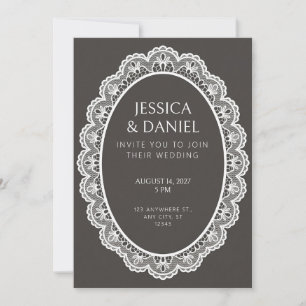 White Lace Crochet Dark Charcoal Oval Border Invitation