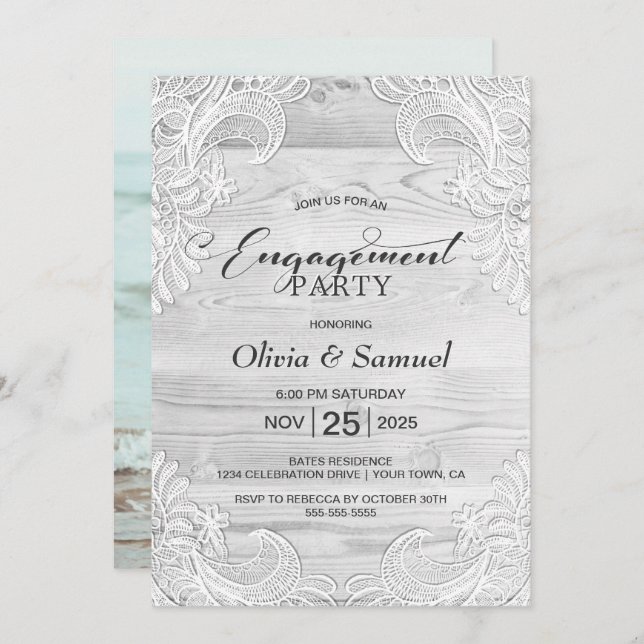 White Lace Custom Photo Wood Engagement Party Invitation (Front/Back)