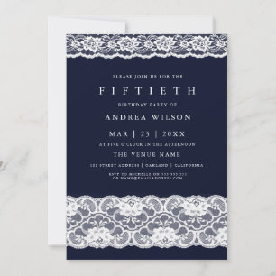 White Lace Elegant Navy Blue 50th Birthday Invite