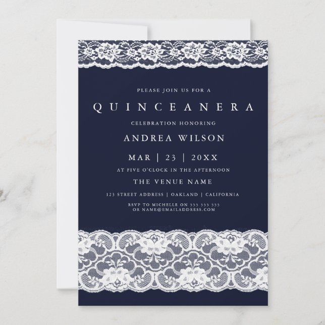 White Lace Elegant Navy Blue Quinceanera Invite (Front)