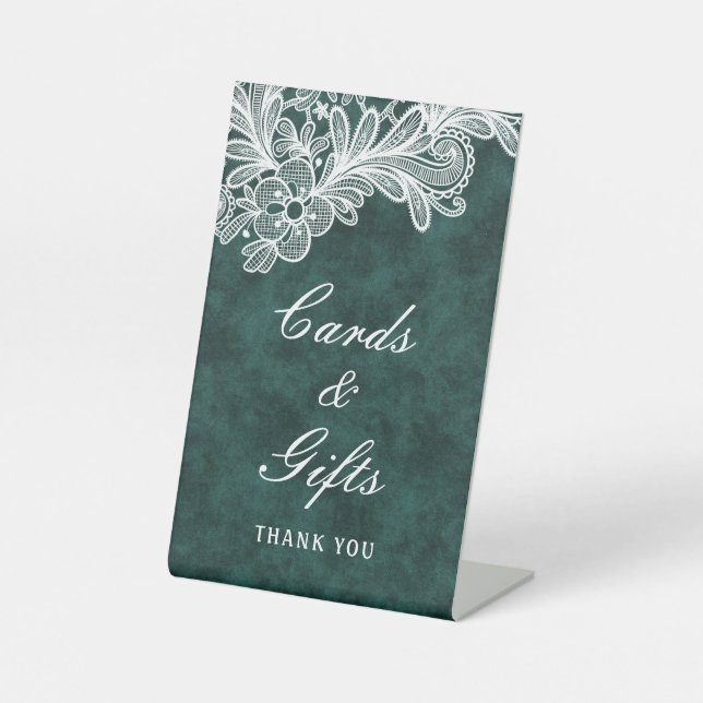 White Lace Emerald Green Faux Velvet Cards & Gifts Pedestal Sign (Front)