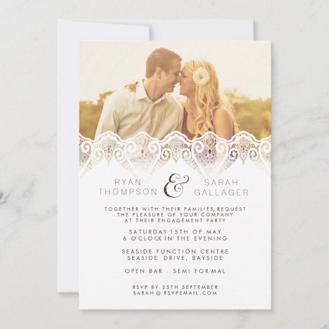 White Lace Engagement Wedding Photo Invite (Front)