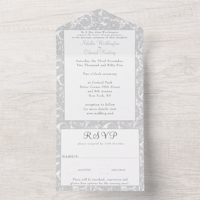 White Lace Filigree Paisley Henna Wedding RSVP All In One Invitation (Inside)