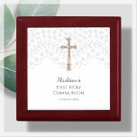 White Lace First Holy Communion Rosary Gift Box<br><div class="desc">Celebrate the special occasion of First Holy Communion with this exquisite rosary gift box. The box features a beautiful white lace effect with a gold colour crucifix on a white background, making it a stunning keepsake to treasure for years to come. The box is easy to personalise with your loved...</div>